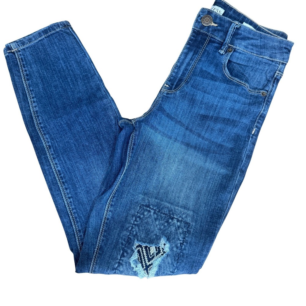 Guess High Waist Skinny Jeans‎ Tahiana Fit Patch Distressed Size 28 Blue Denim